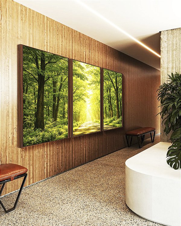 Trio de Quadros Caminho Iluminado na Floresta Verde Natureza Paisagem Canvas Moldura
