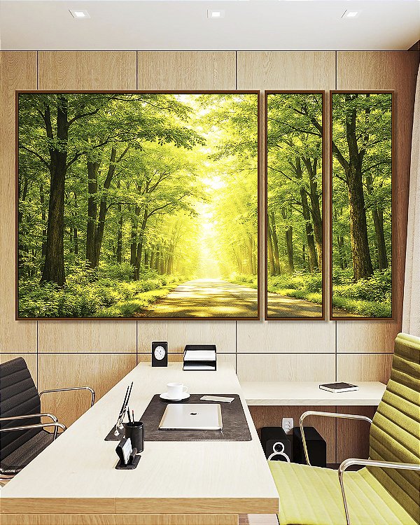 Trio de Quadros Estilizados Caminho Iluminado na Floresta Verde Natureza Paisagem Canvas Moldura