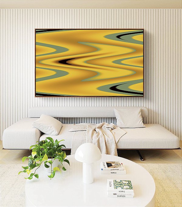 Quadro Horizontal Abstrato Arte Fluida Amarelo Mostarda Verde Oliva Ondulações Canvas Moldura
