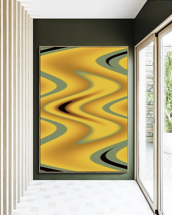 Quadro Vertical Abstrato Arte Fluida Amarelo Mostarda Verde Oliva Ondulações Canvas Moldura