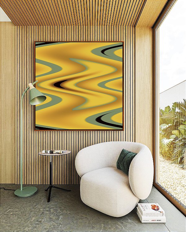 Quadro Quadrado Abstrato Arte Fluida Amarelo Mostarda Verde Oliva Ondulações Canvas Moldura