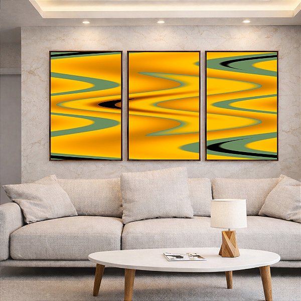 Trio de Quadros Abstrato Arte Fluida Amarelo Mostarda Verde Oliva Ondulações Canvas Moldura