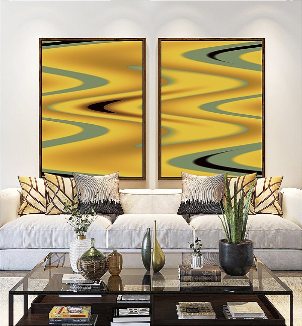 Duo de Quadros Abstrato Arte Fluida Amarelo Mostarda Verde Oliva Ondulações Canvas Moldura