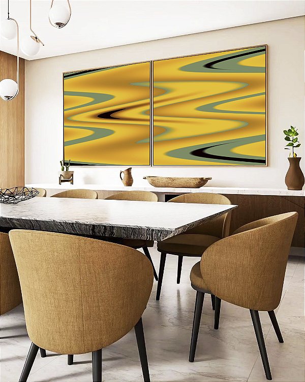 Duo de Quadros Quadrados Abstrato Arte Fluida Amarelo Mostarda Verde Oliva Ondulações Canvas Moldura