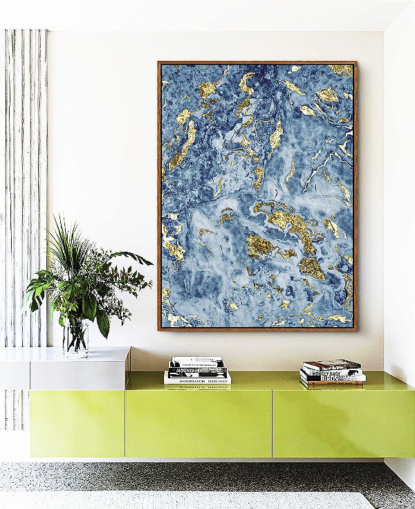 Quadro Vertical Abstrato Azul e Dourado Efeito Mármore Arte Pouring Canvas Moldura