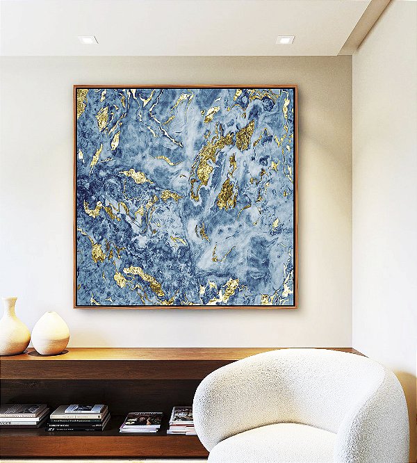 Quadro Quadrado Abstrato Azul e Dourado Efeito Mármore Arte Pouring Canvas Moldura