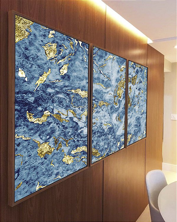Trio de Quadros Abstrato Azul e Dourado Efeito Mármore Arte Pouring Canvas Moldura