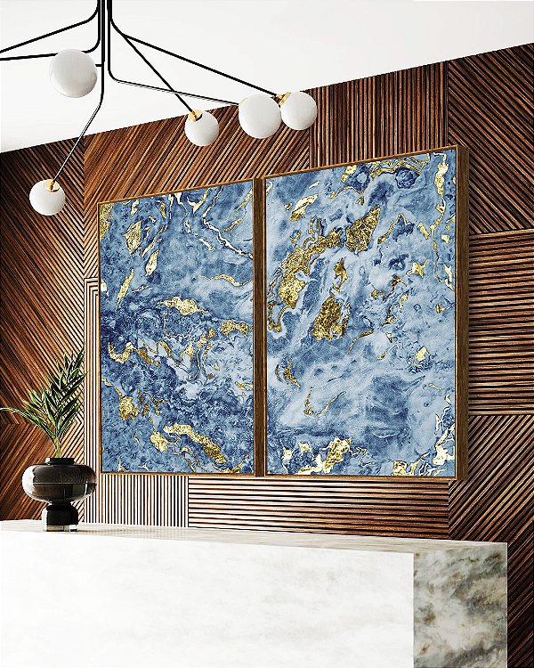 Duo de Quadros Abstrato Azul e Dourado Efeito Mármore Arte Pouring Canvas Moldura