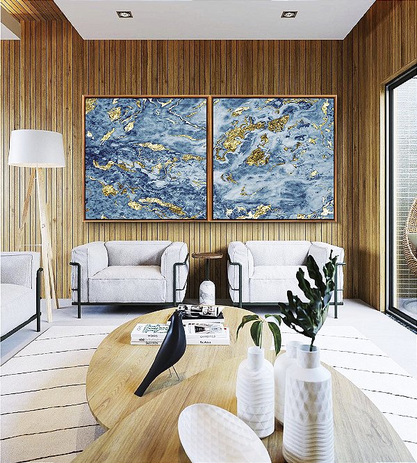 Duo de Quadros Quadrados Abstrato Azul e Dourado Efeito Mármore Arte Pouring Canvas Moldura