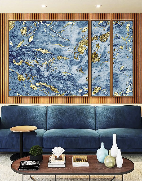 Trio de Quadros Estilizados Abstrato Azul e Dourado Efeito Mármore Arte Pouring Canvas Moldura