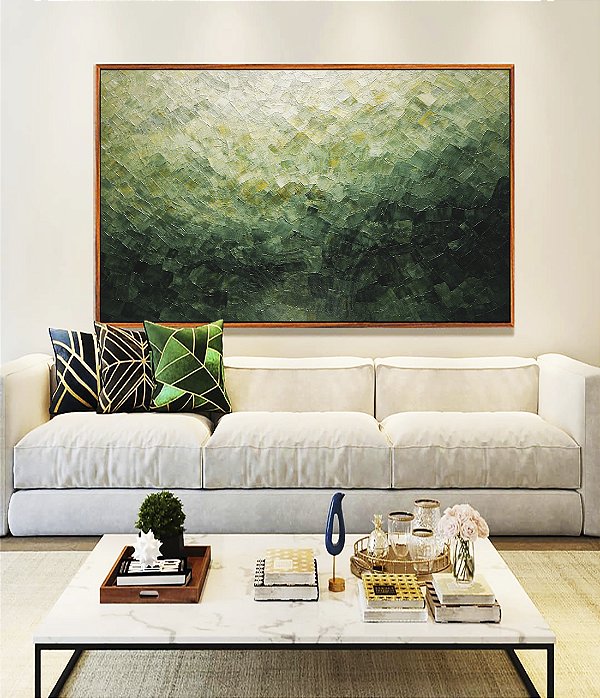 Quadro Horizontal Abstrato Tons de Verde Esmeralda Textura Canvas Moldura