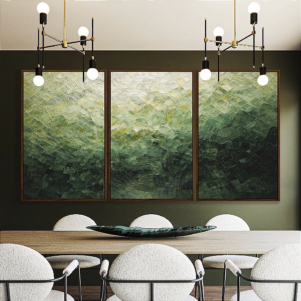 Trio de Quadros Abstrato Tons de Verde Esmeralda Textura Canvas Moldura