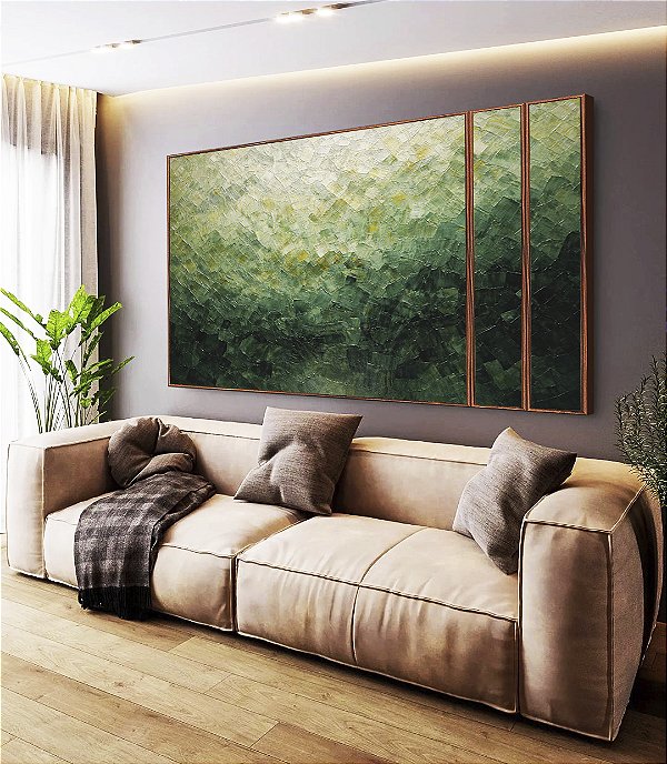 Trio de Quadros Estilizados Abstrato Tons de Verde Esmeralda Textura Canvas Moldura
