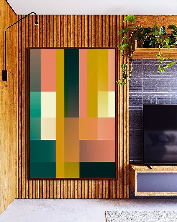 Quadro Vertical Abstrato Geométrico Color Block Rosa Verde Amarelo Canvas Moldura