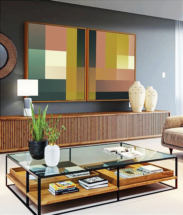 Duo de Quadros Abstrato Geométrico Color Block Rosa Verde Amarelo Canvas Moldura