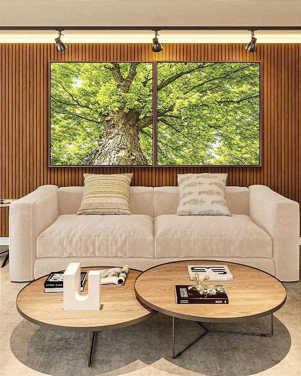 Duo de Quadros Quadrados Copa de Árvore Verde Iluminada Céu Natureza Paisagem Canvas Moldura