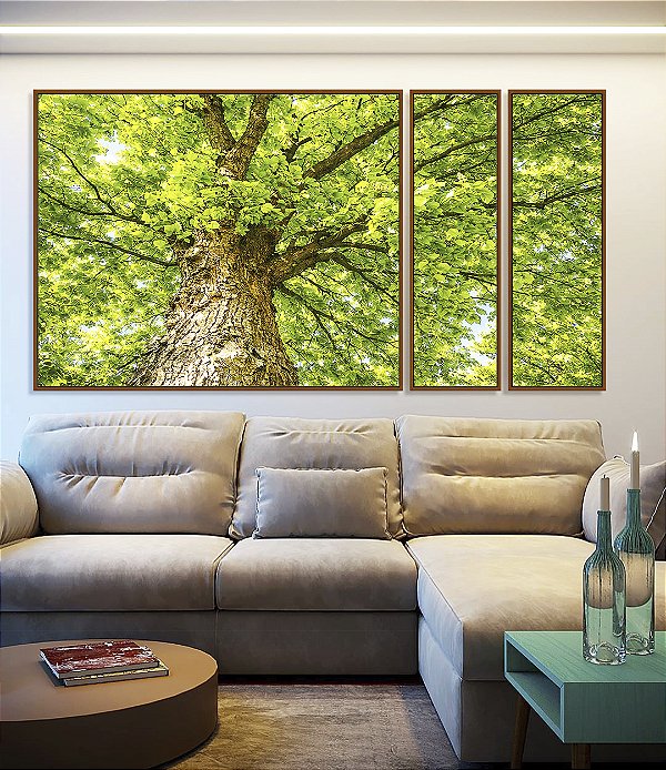 Trio de Quadros Estilizados Copa de Árvore Verde Iluminada Céu Natureza Paisagem Canvas Moldura