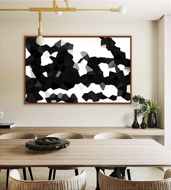 Quadro Horizontal Abstrato Geométrico Minimalista Preto e Branco Canvas Moldura