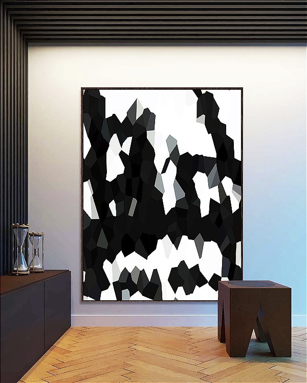 Quadro Vertical Abstrato Geométrico Minimalista Preto e Branco Canvas Moldura