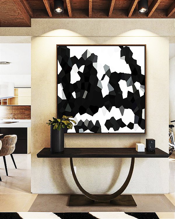 Quadro Quadrado Abstrato Geométrico Minimalista Preto e Branco Canvas Moldura