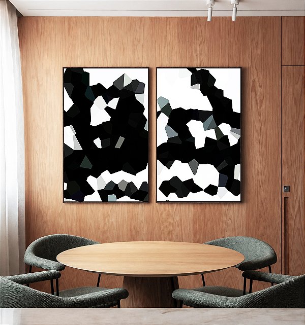 Duo de Quadros Abstrato Geométrico Minimalista Preto e Branco Canvas Moldura