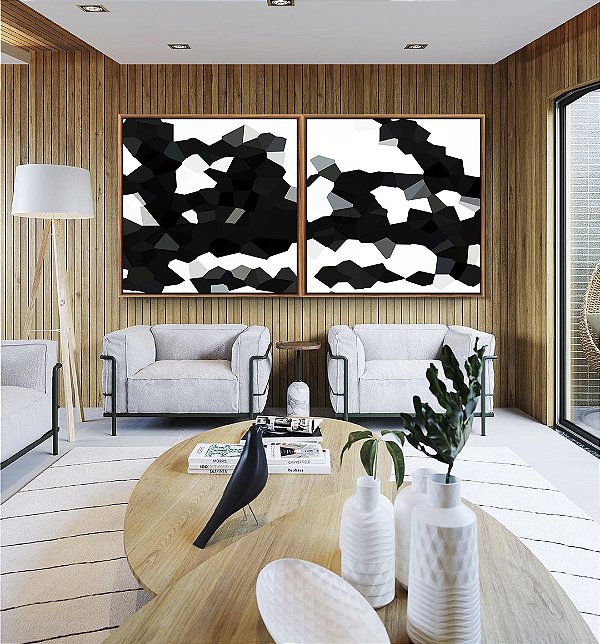 Duo de Quadros Quadrados Abstrato Geométrico Minimalista Preto e Branco Canvas Moldura