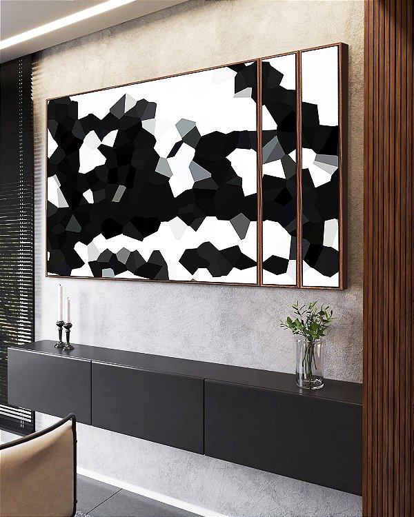 Trio de Quadros Estilizados Abstrato Geométrico Minimalista Preto e Branco Canvas Moldura