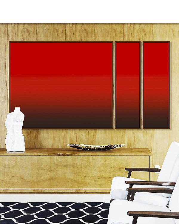 Trio de Quadros Estilizados Abstrato Degradê Vermelho Intenso Escuro e Vivo Canvas Moldura