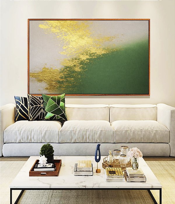 Quadro Horizontal Abstrato Branco Verde Esmeralda e Dourado Canvas Moldura