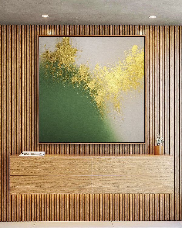 Quadro Quadrado Abstrato Branco Verde Esmeralda e Dourado Canvas Moldura