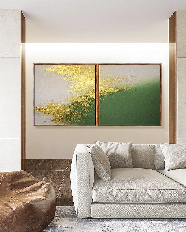 Duo de Quadros Quadrados Abstrato Branco Verde Esmeralda e Dourado Canvas Moldura