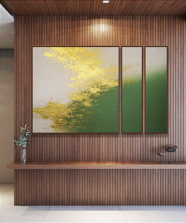 Trio de Quadros Estilizados Abstrato Branco Verde Esmeralda e Dourado Canvas Moldura