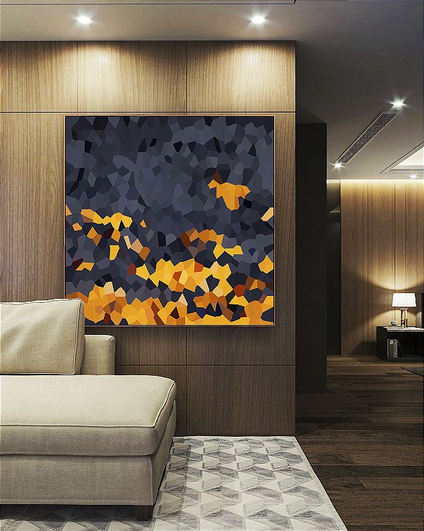 Quadro Quadrado Abstrato Mosaico Cinza Chumbo Amarelo Dourado Canvas Moldura