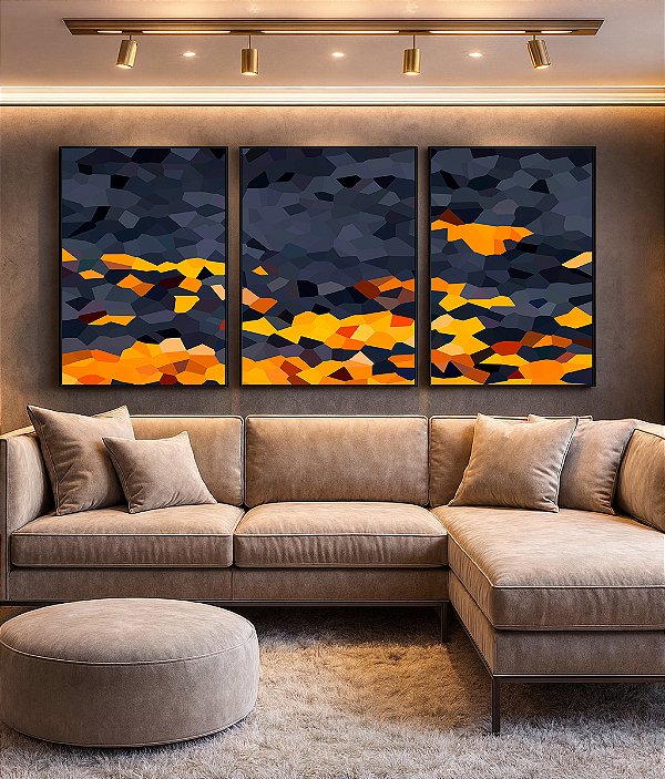 Trio de Quadros Abstrato Mosaico Cinza Chumbo Amarelo Dourado Canvas Moldura