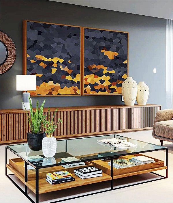 Duo de Quadros Abstrato Mosaico Cinza Chumbo Amarelo Dourado Canvas Moldura