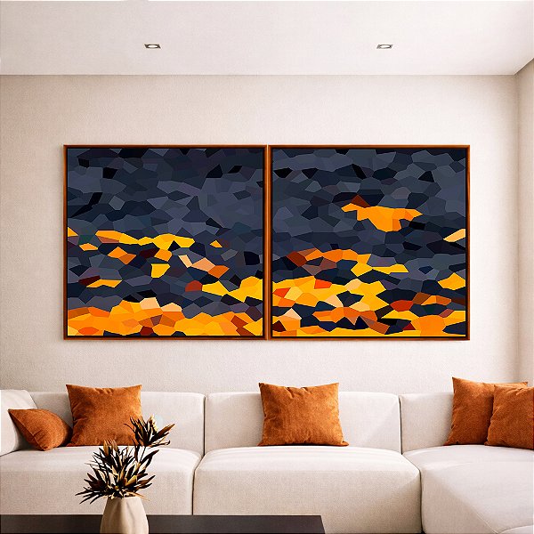 Duo de Quadros Quadrados Abstrato Mosaico Cinza Chumbo Amarelo Dourado Canvas Moldura