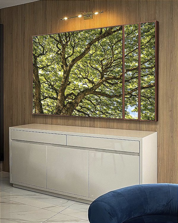 Trio de Quadros Estilizados Copa das Árvores Galhos Luz Natural Paisagem Canvas Moldura