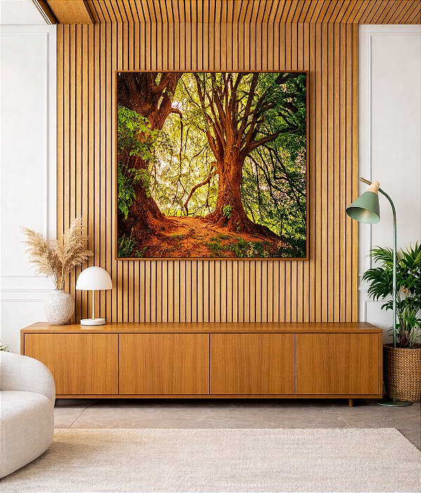 Quadro Quadrado Árvores Iluminadas Douradas Floresta Paisagem Natureza Canvas Moldura