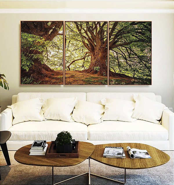 Trio de Quadros Árvores Iluminadas Douradas Floresta Paisagem Natureza Canvas Moldura