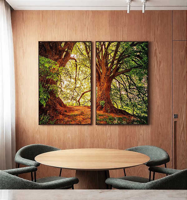 Duo de Quadros Árvores Iluminadas Douradas Floresta Paisagem Natureza Canvas Moldura