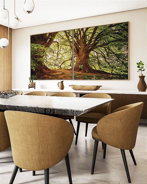Duo de Quadros Quadrados Árvores Iluminadas Douradas Floresta Paisagem Natureza Canvas Moldura