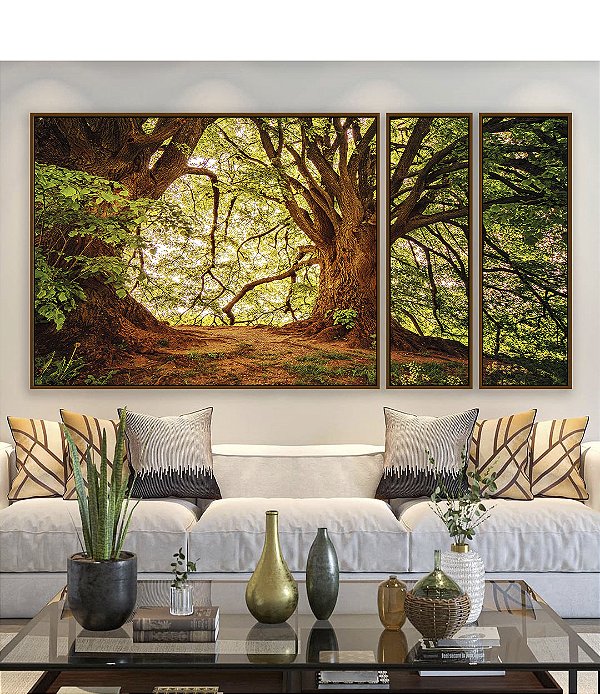 Trio de Quadros Estilizados Árvores Iluminadas Douradas Floresta Paisagem Natureza Canvas Moldura