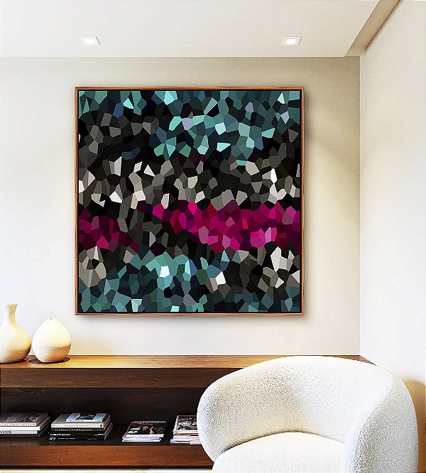 Quadro Quadrado Abstrato Mosaico Cinza Turquesa Rosa Intenso Canvas Moldura
