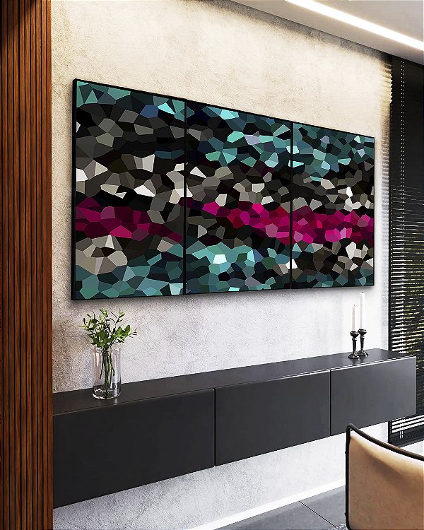 Trio de Quadros Abstrato Mosaico Cinza Turquesa Rosa Intenso Canvas Moldura