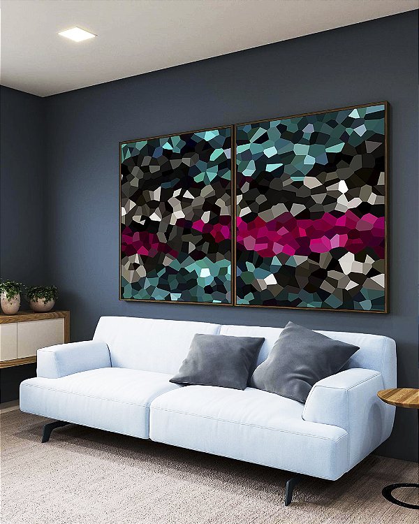 Duo de Quadros Abstrato Mosaico Cinza Turquesa Rosa Intenso Canvas Moldura