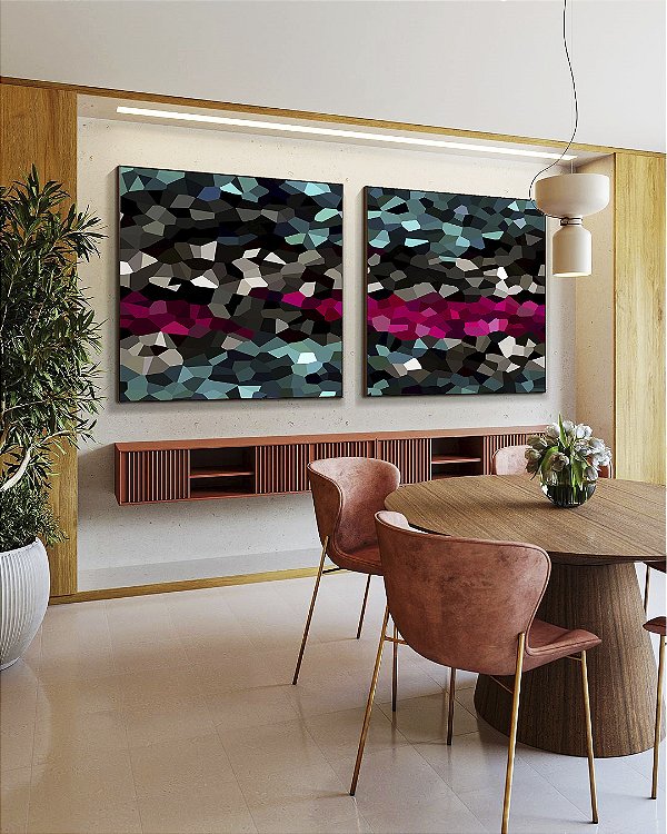 Duo de Quadros Quadrados Abstrato Mosaico Cinza Turquesa Rosa Intenso Canvas Moldura
