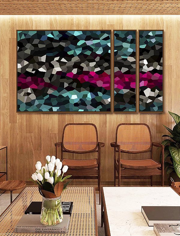 Trio de Quadros Estilizados Abstrato Mosaico Cinza Turquesa Rosa Intenso Canvas Moldura
