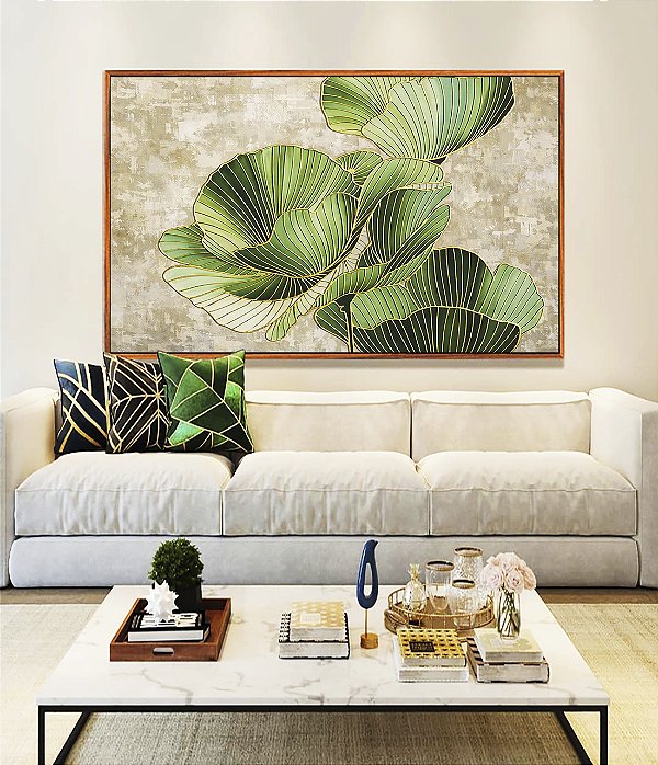 Quadro Horizontal Folhas Verdes Dourado Textura Abstrata Natureza Canvas Moldura
