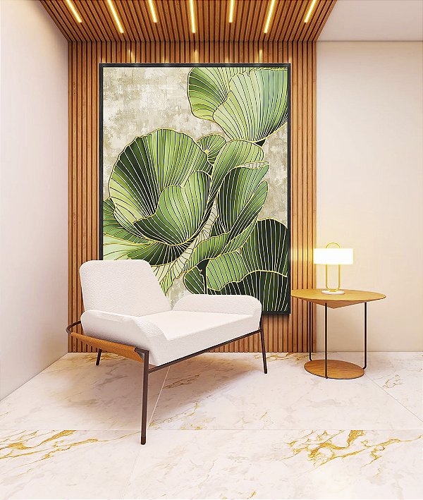 Quadro Vertical Folhas Verdes Dourado Textura Abstrata Natureza Canvas Moldura