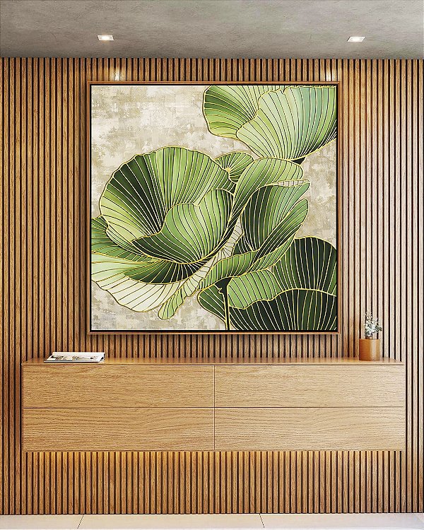 Quadro Quadrado Folhas Verdes Dourado Textura Abstrata Natureza Canvas Moldura